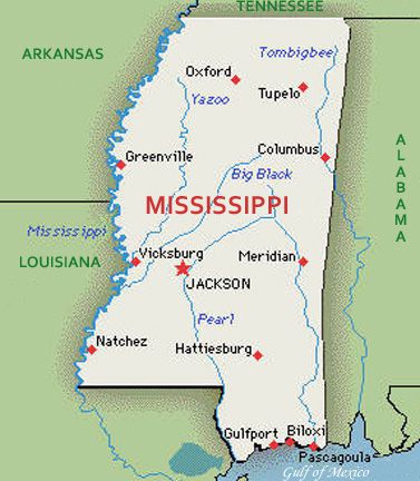 U.S. map, state of Mississippi