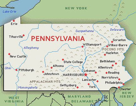 U.S. map, state of Pennsylvania