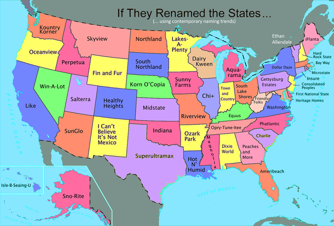 United States map with the states renamed