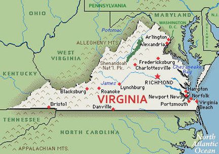 U.S. map, state of Virginia