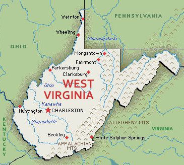 U.S. map, state of West Virginia