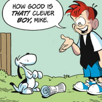 Mike; famous dog in movie, comics, Ginger Meggs