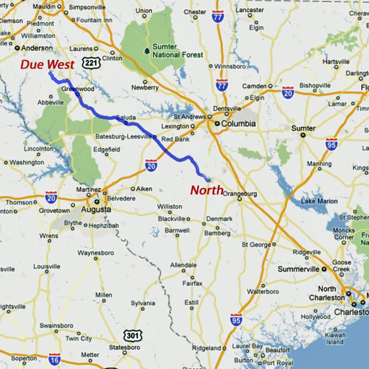 Direction from Due West to North, South Carolina