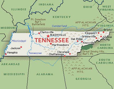 U.S. map, state of Tennessee